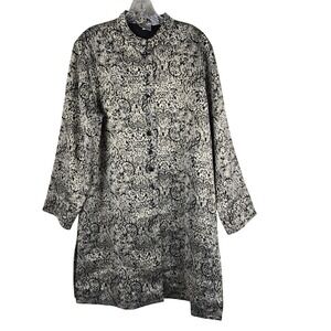 Chico's Metallic Gold Black Damask Jacket Silk Lined Size 2 Large Longline